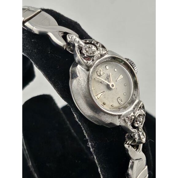 Ladies Vintage Diamond Timex Rhodium Plated Manual Wind Cocktail Watch main image 8